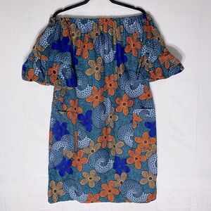 Handmade Blue Orange Floral Print Off Shoulder African Ankara Mini Dress M